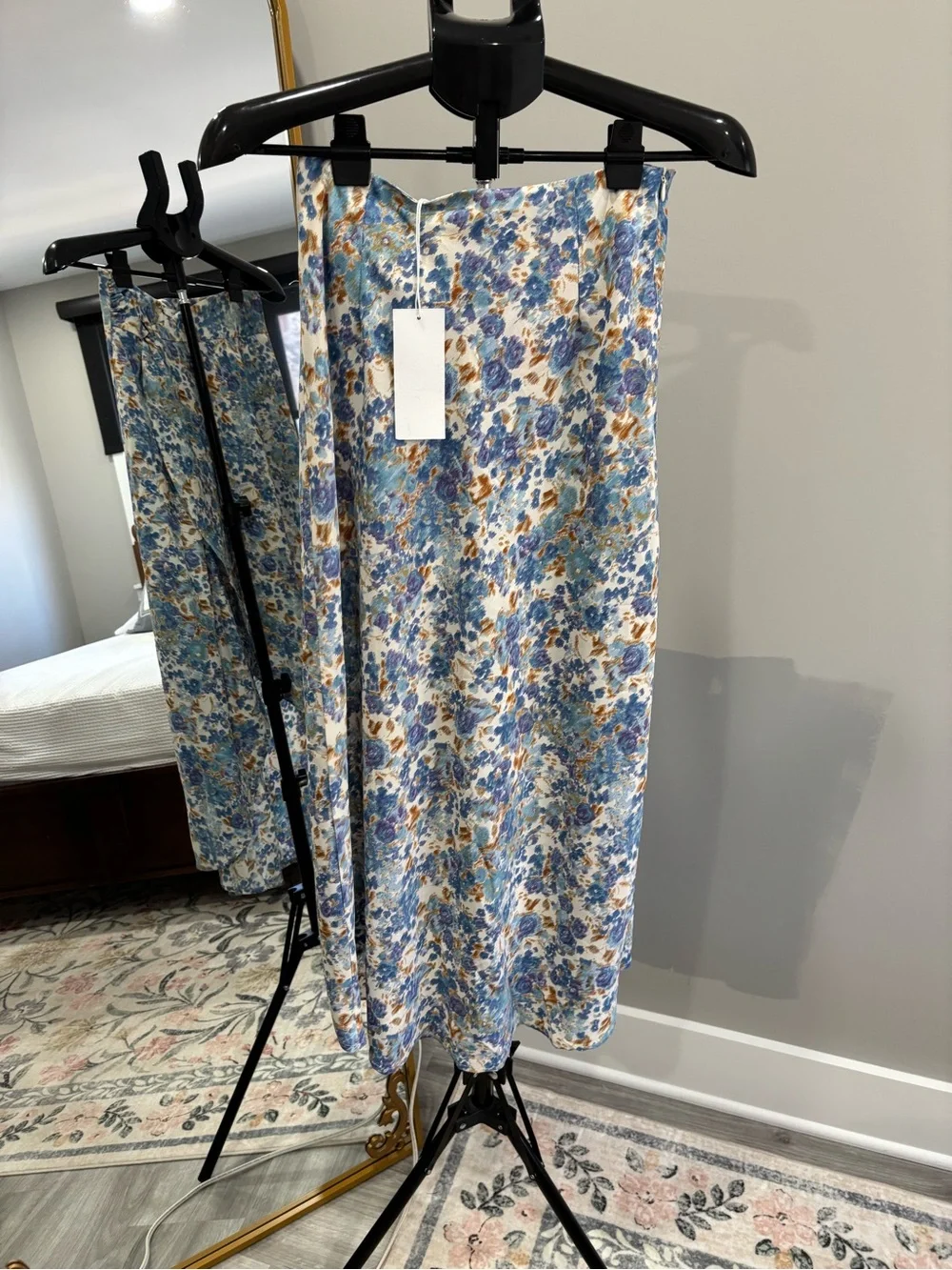 Lush Blue and Tan Watercolor Floral High-low Midi Skirt